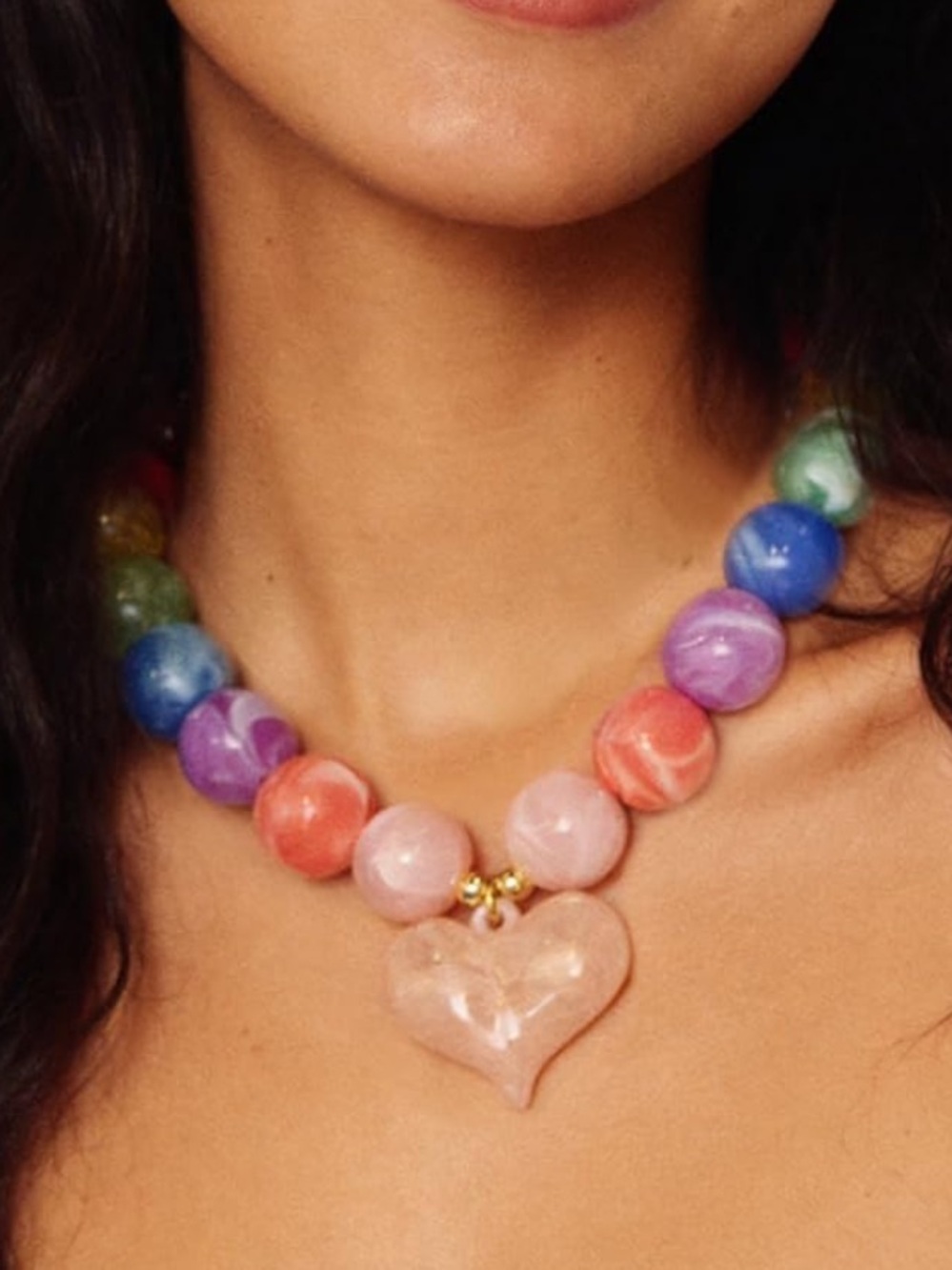 Anthropologie Multicolor Bead Necklace with Pink Heart Pendant - Picture 1 of 6